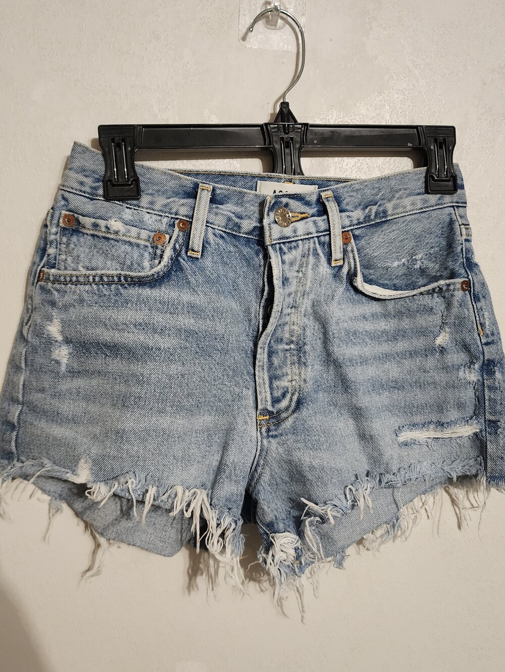 AGOLDE Parker Vintage Denim Shorts Button Fly Distressed Raw Hem Sz 25 (Altered)